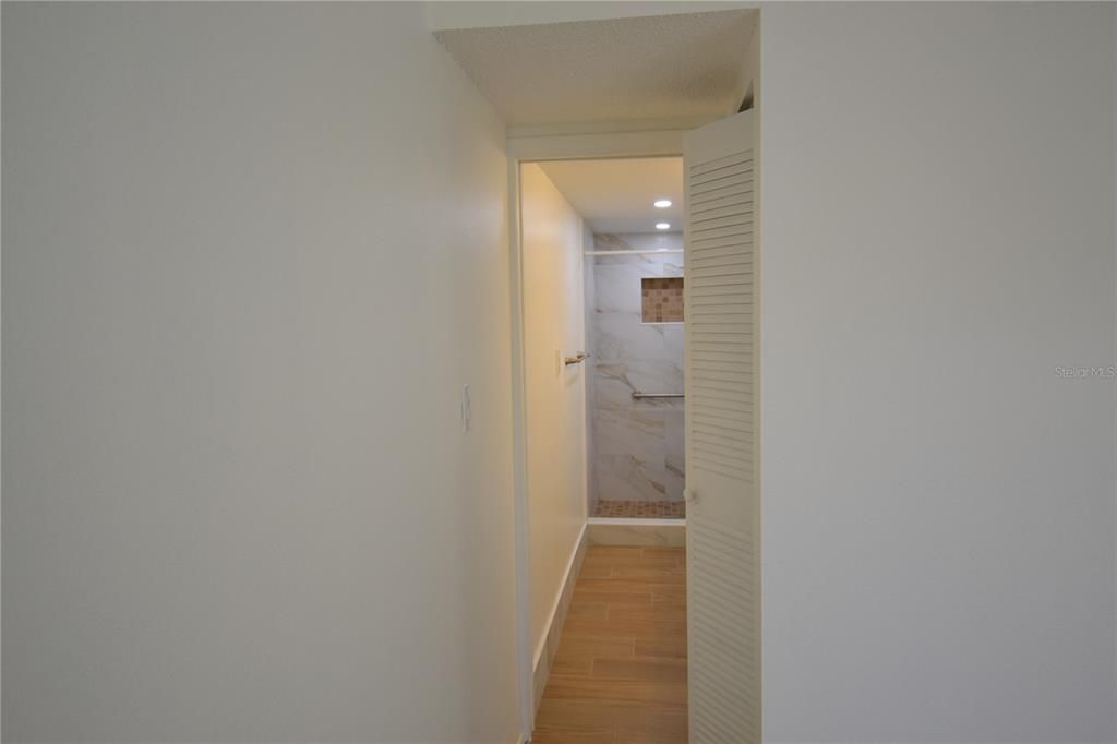 Primary hallway to the shower and linen closet