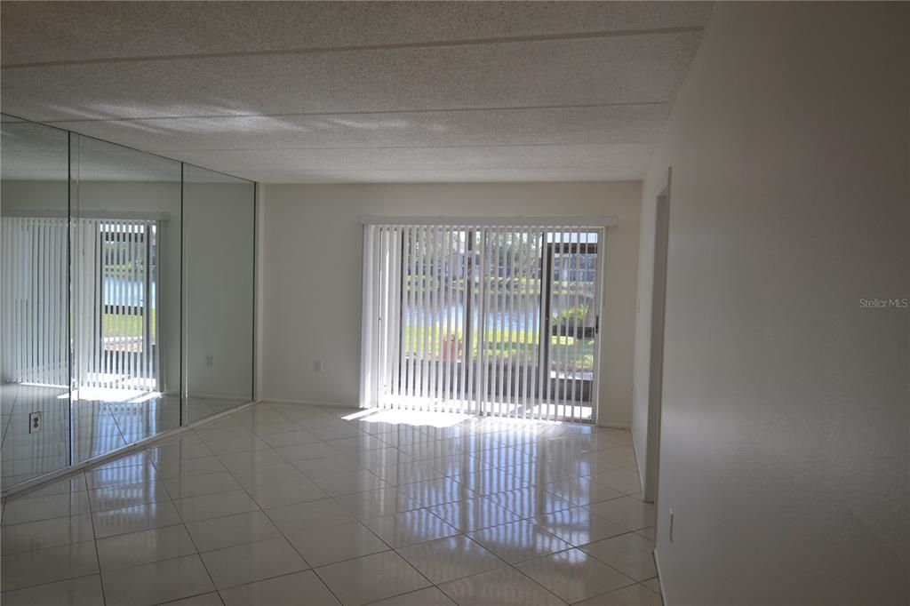 Living room view of the pond and mirror wall