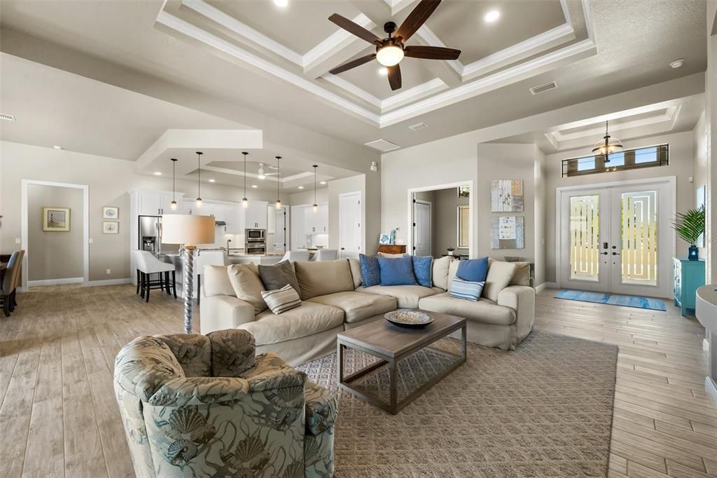 Tray ceilings in the open living room