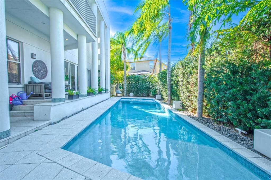 Surrounded by lush greenery, the pool area offers a seamless blend of luxury and tranquility.