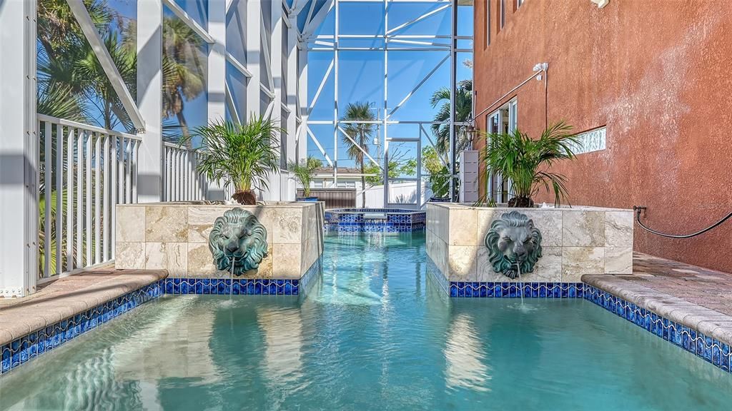 Lion Head Water Spouts in Travertine Planters