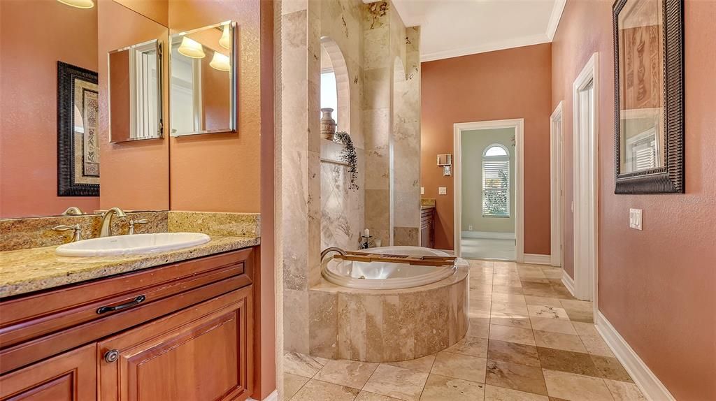 Primary Bathroom - 2 Vanities, Travertine Flooring