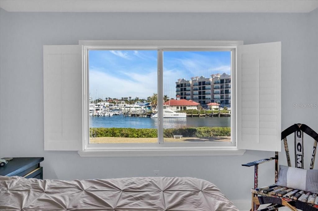 Bedroom window has a nice view and plantation shutters