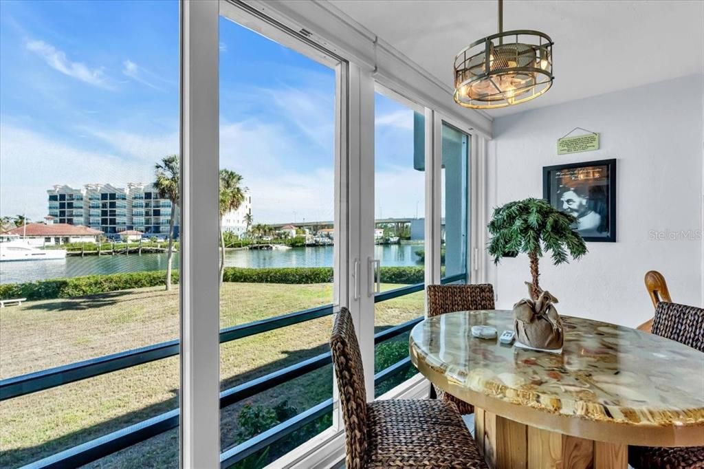 to the right is the intracoastal waterway under Venice Ave Bridge and to the left is Roberts Bay. Straight out is a boat club and waterfront restaurant.