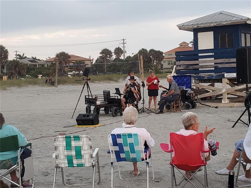 Sunset singalong on the beach every Friday night, weather permitting.  There are also drum circles twice a week at Venice beach and one at Nokomis Beach