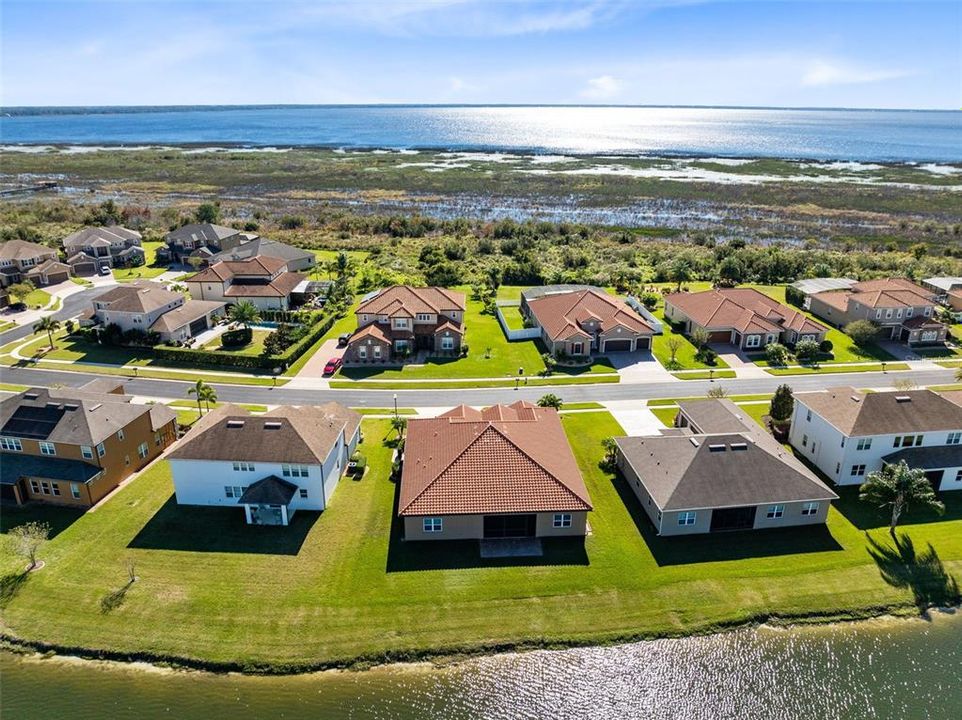 Aerial view of the rear of the property.