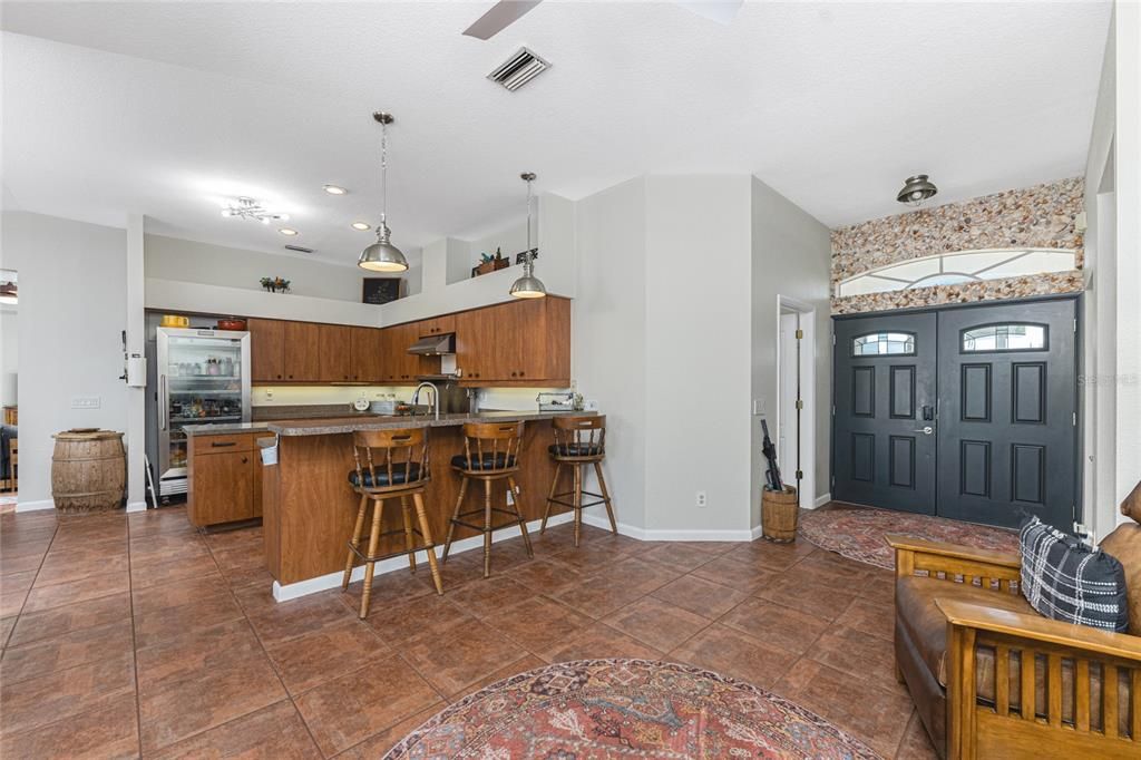 view from living area in to kitchen