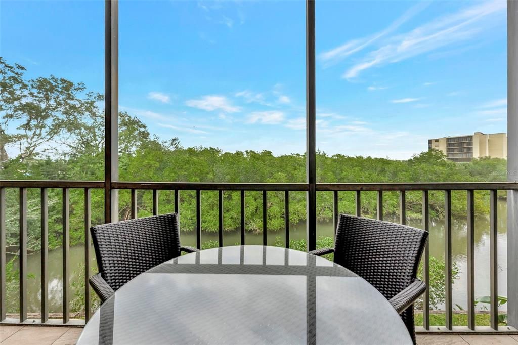 Large, screened-in balcony overlooking the canal