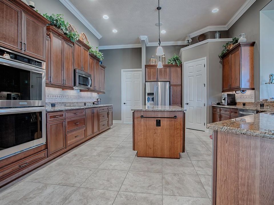 DOUBLE WALL OVENS, TILED BACKSPLASH, POT DRAWERS, UNDER CABINET LIGHTING.