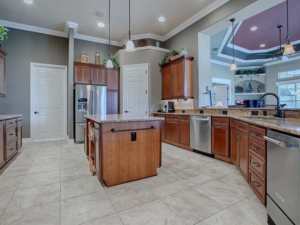 SPACIOUS KITCHEN WITH GRANITE COUNTERTOPS, STAINLESS APPLIANCES, EVEN A KITCHEN AID ICE MAKER. LARGE CLOSET PANTRY. THE DOOR IN THE BACK LEADS TO THE LAUNDRY ROOM.