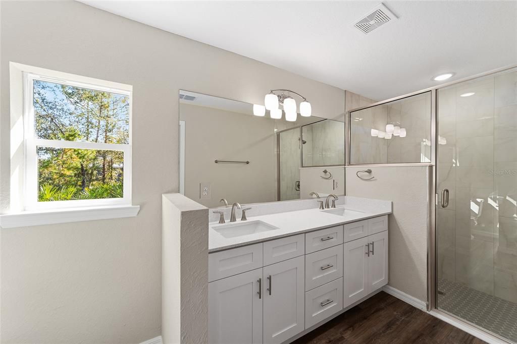 Two Sinks! quartz countertop and soft close wood cabinets