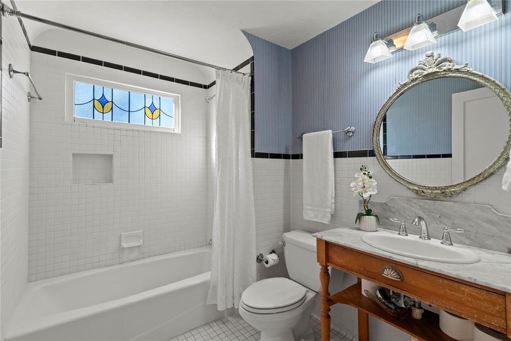 Primary Bathroom with Stained Glass Windowl