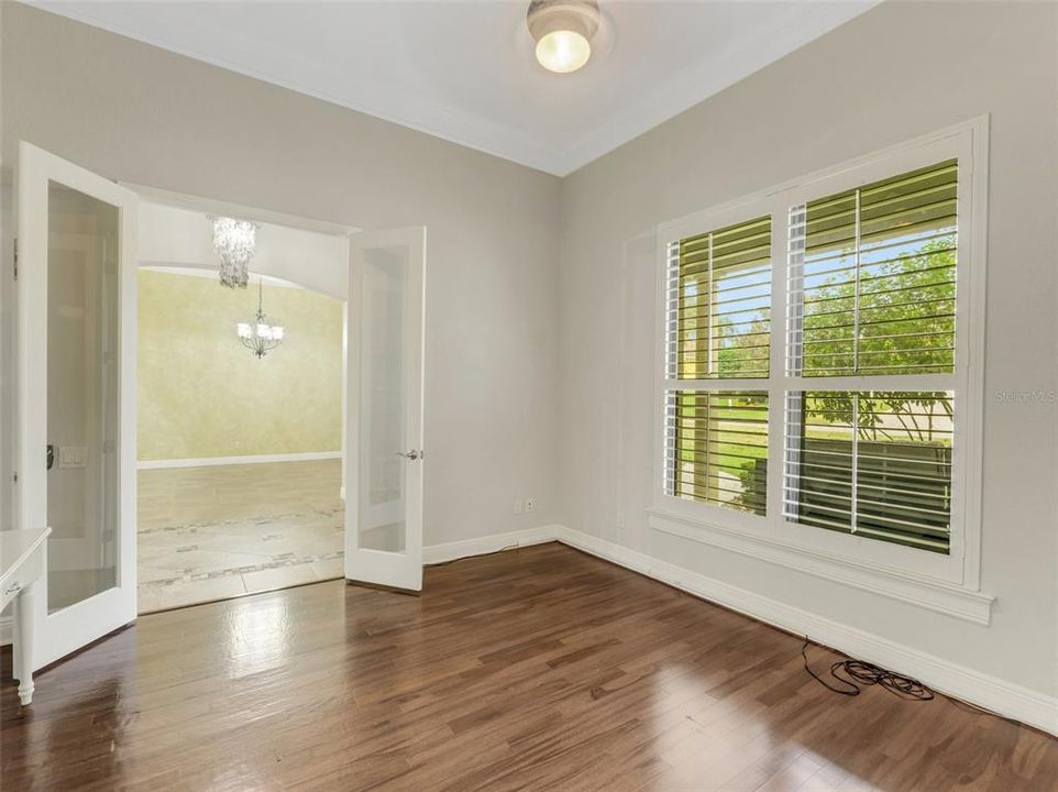 The office exit, looking into the formal dining room.