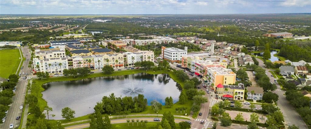 Aerial view of the entire downtown area.   The restaurant is across the pond - light blue awnings.