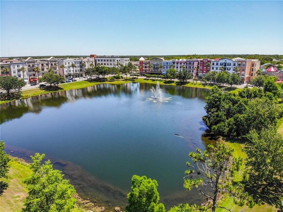 Pond and aerial street view of downtown Avalon  - location is on the top left with an blue awning.