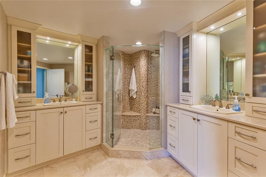 Primary bathroom, dual vanities.