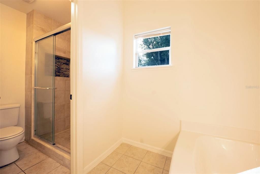 Walk-in shower and toilet in water closet. Garden tub at right.