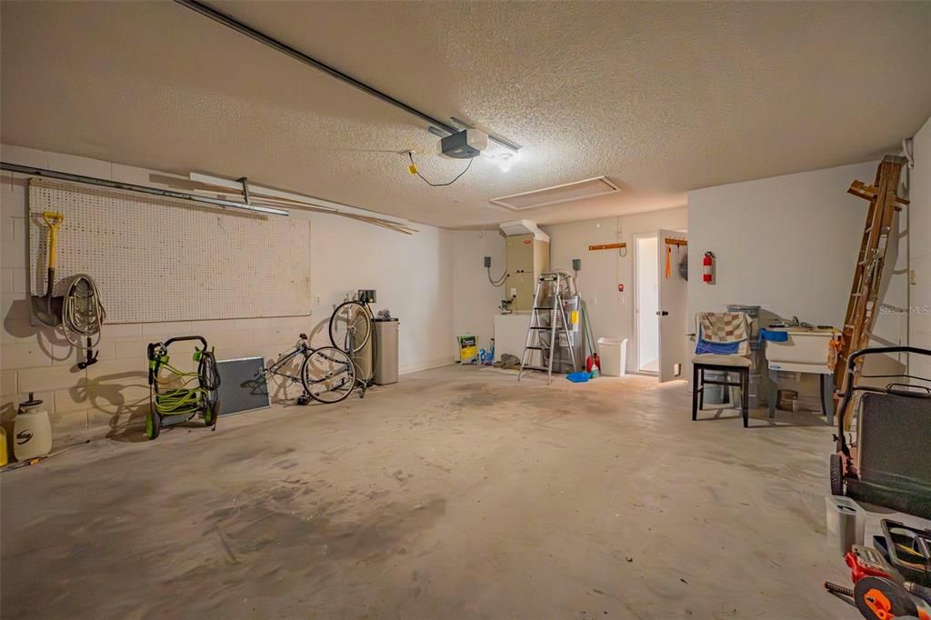 Garage with door opener, attic access, and utility sink.