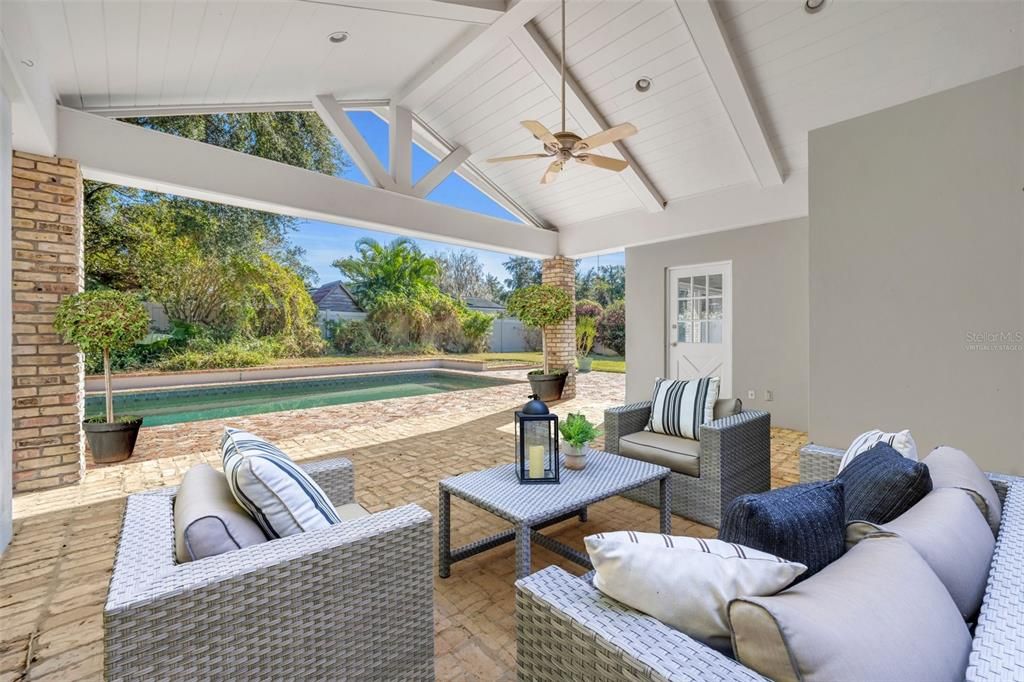 Virtually Staged - Spacious Covered Back Patio with Vaulted Wood Ceiling