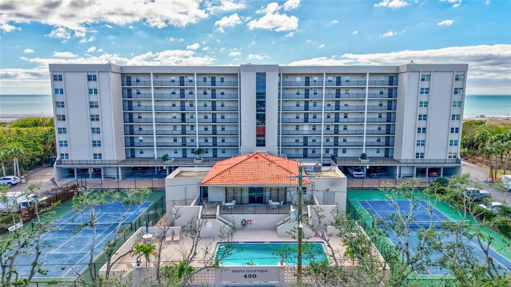 Aerial views of Siesta Gulf View's beautiful condominium