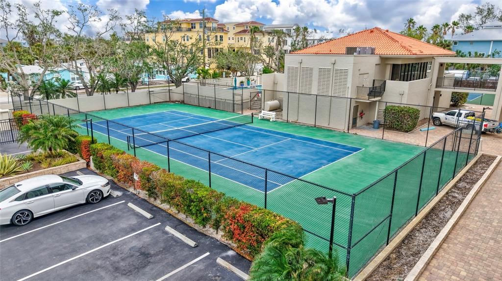 One of the two tennis courts is lined for  pickleball