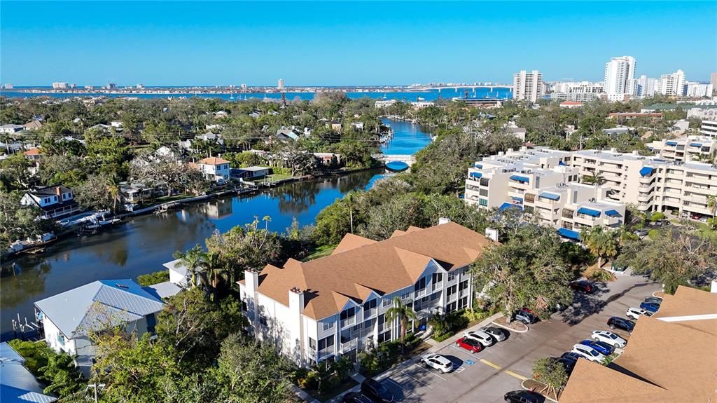 VIEW TO SARASOTA FROM DRONE AND WATERWAY TO SARASOTA BAY