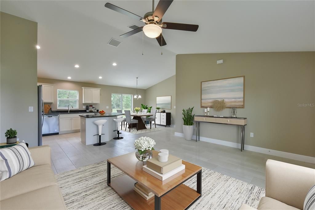 Great Room looking into Dining and Kitchen area