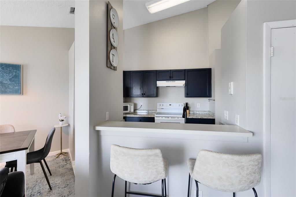 Breakfast bar between the kitchen and living room.