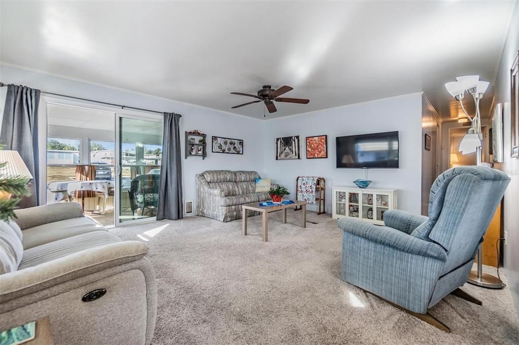 Living room has updated carpets, ceiling fan, sliding door, and drywall.