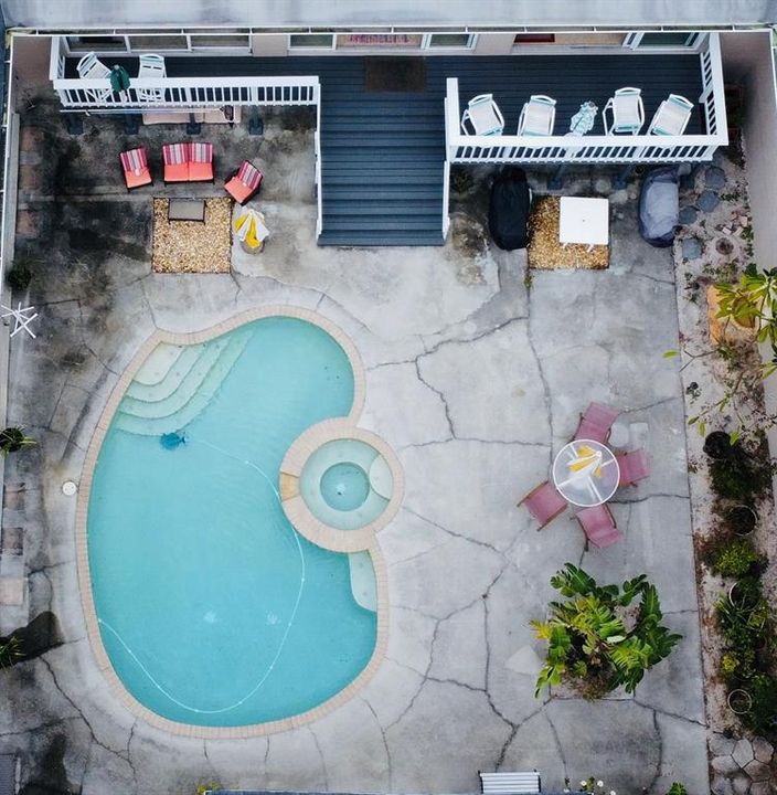 ARIAL VIEW OF COURTYARD AND POOL