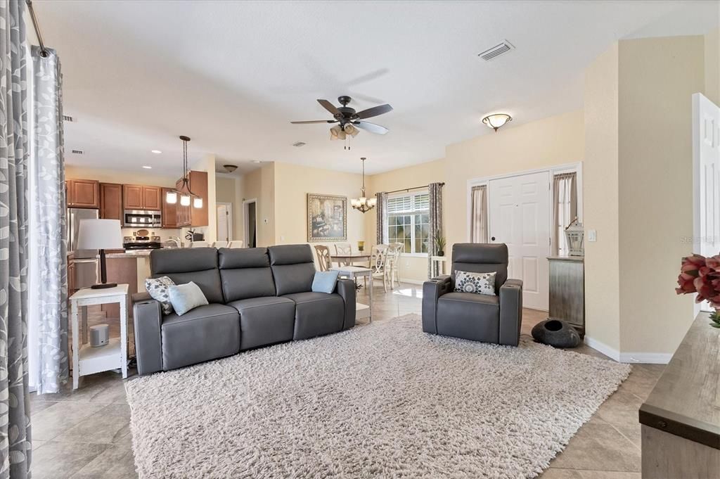 Tile flooring and spacious living room