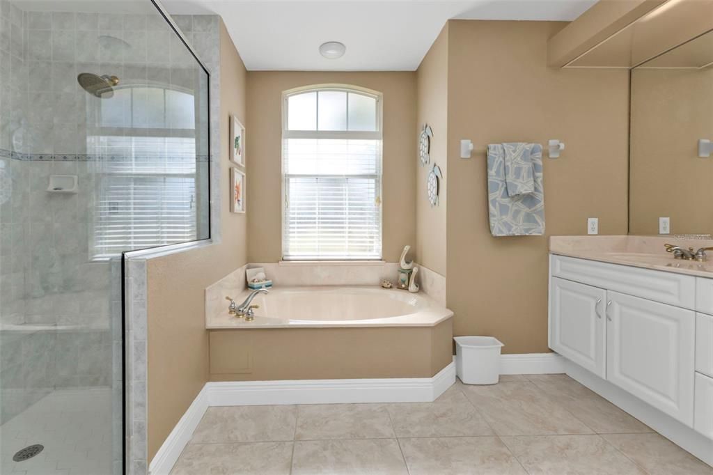 Large primary bath with dual vanities, jacuzzi tub for soaking and large walk in shower.