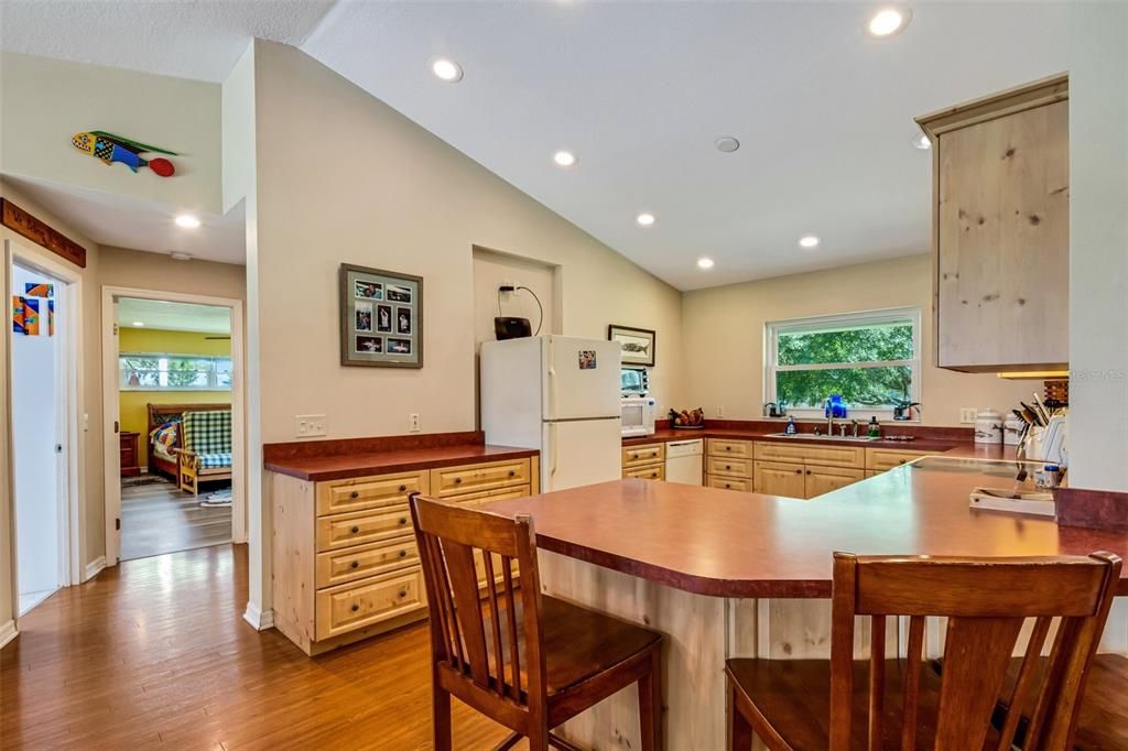 The large open kitchen boasts plenty of countertop and prep space.