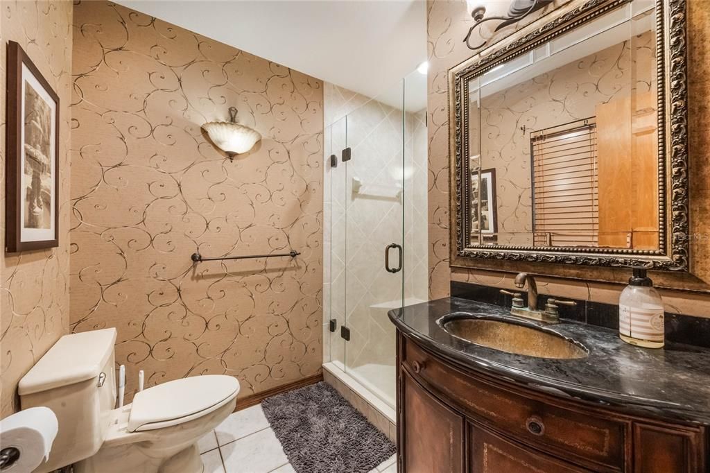 This photo is of the bathroom on the lower level that has a vanity with framed mirror on the right, in the middle shows the shower stall with glass doors.