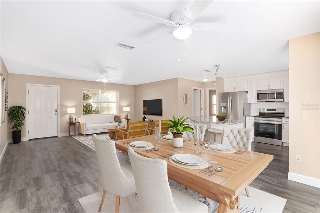 dining room & living room (virtually staged) and kitchen