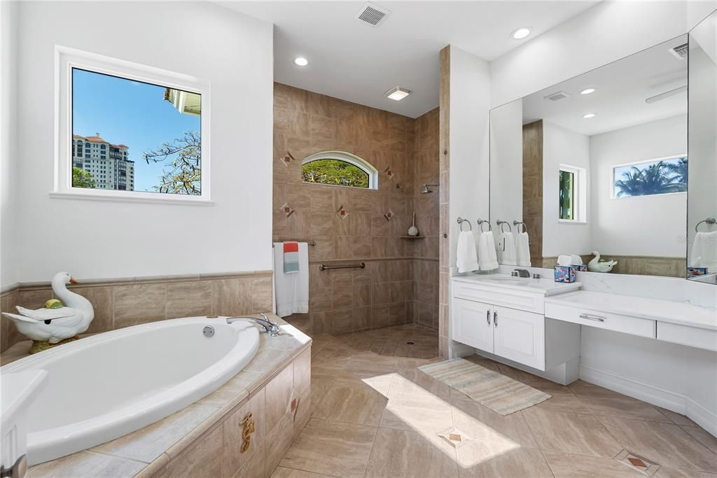 Primary Bath with Walk-in Shower, Soaking Tub, Dual Sinks with Make-up Vanity