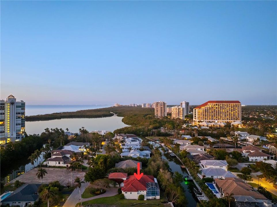 Sunset Aerial Over Home and Seagate and Park Shore