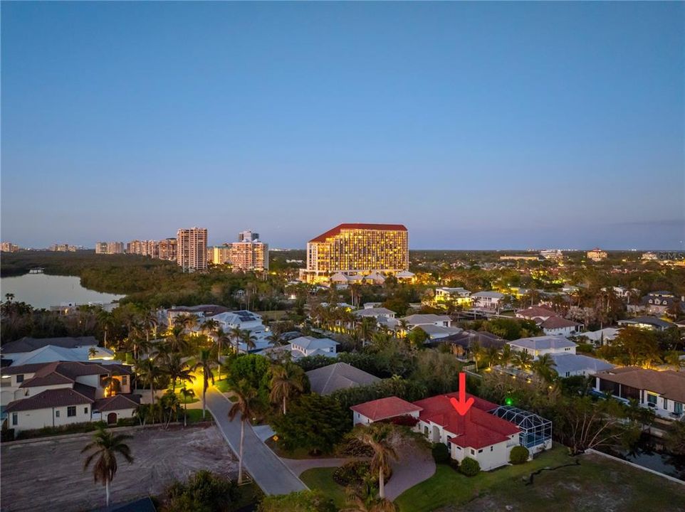 Sunset Aerial Over Home and Seagate and Park Shore