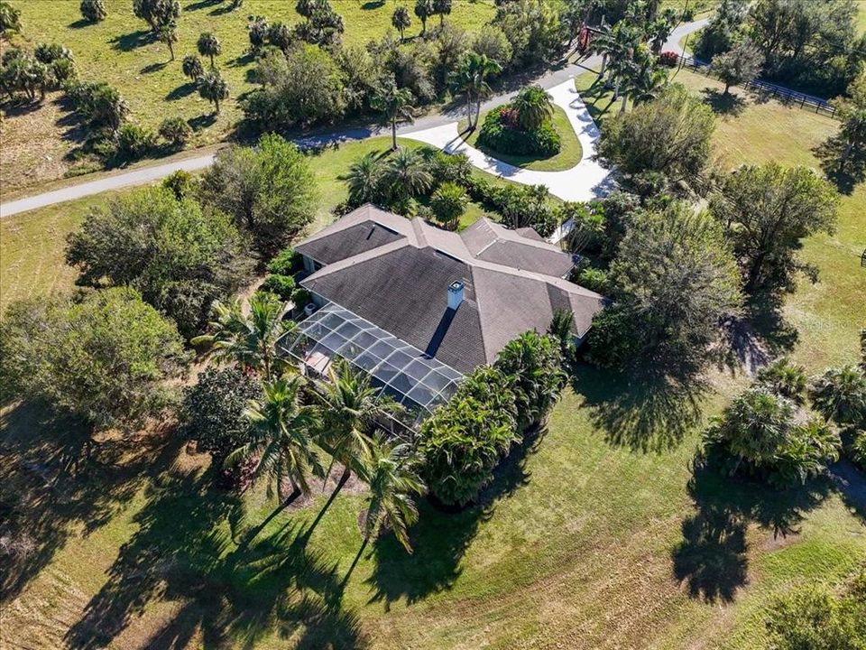 Aerial birds-eye view of Main Residence at Tall Palms Ranch