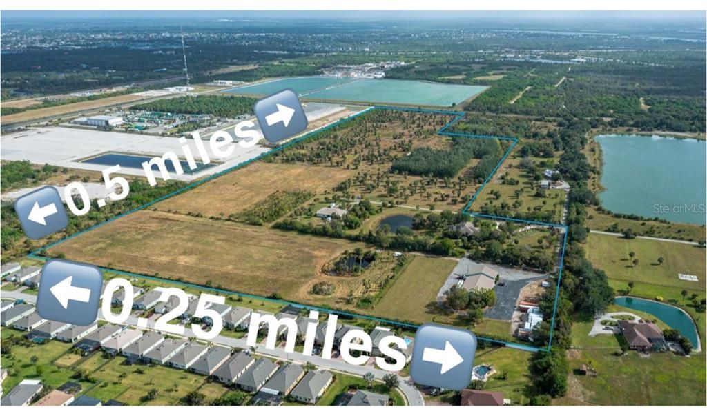 Full aerial with mileage boundaries for reference at Tall Palms Ranch