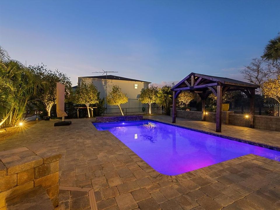 Pool and deck in the evening.