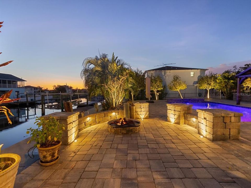 Custom fire pit in the evening.