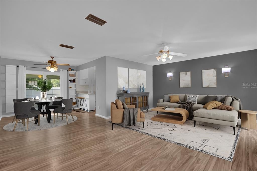 Virtually Staged Open floor plan with Living room and dining room