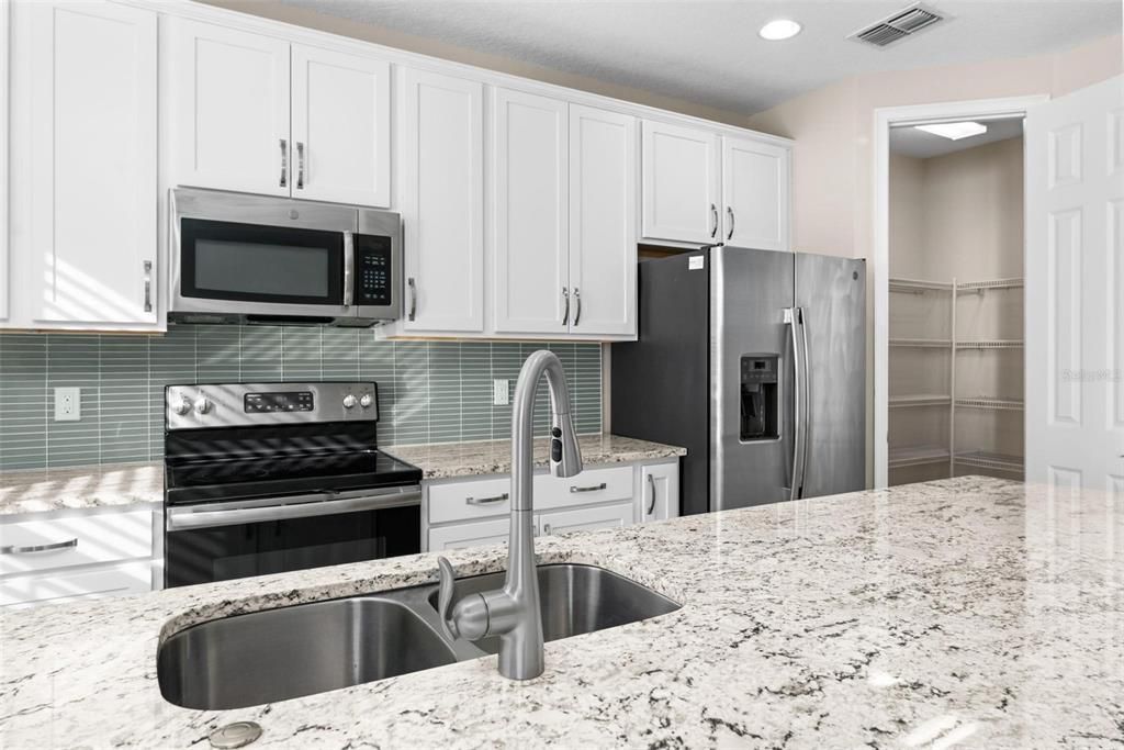 Huge sink with push button disposal and pantry.