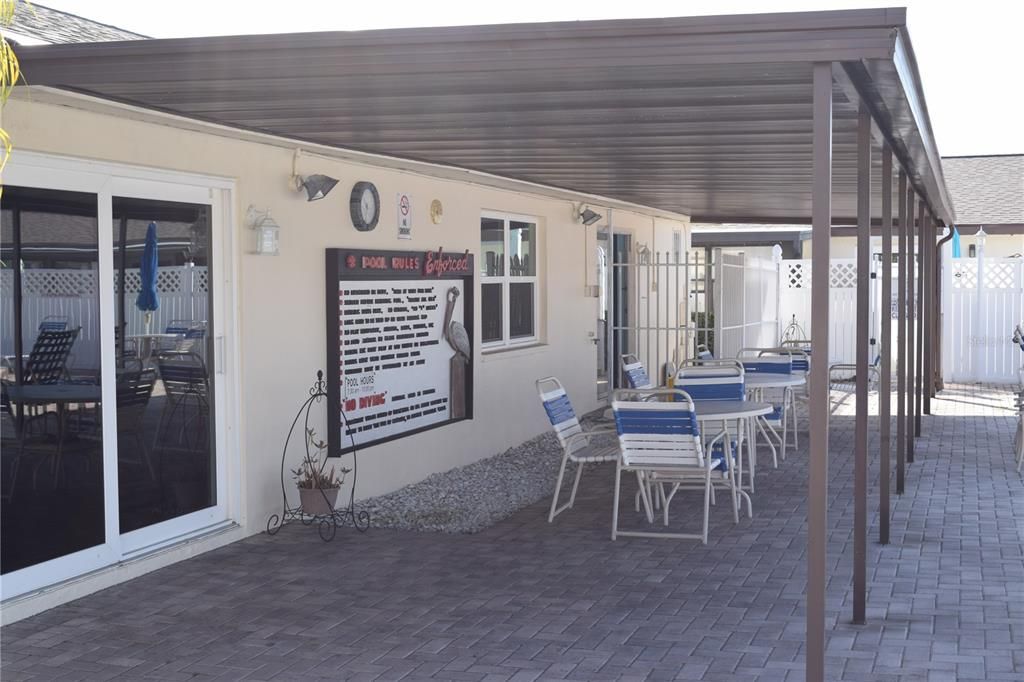 Large shaded deck at community pool