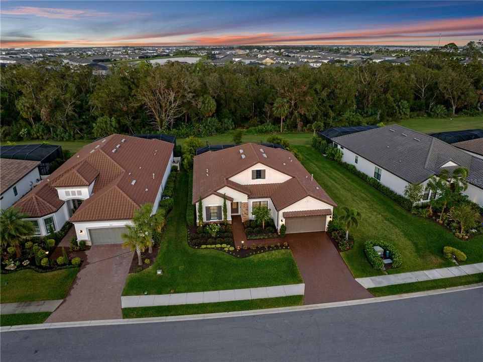 Ariel view of home showcasing the custom landscaping.