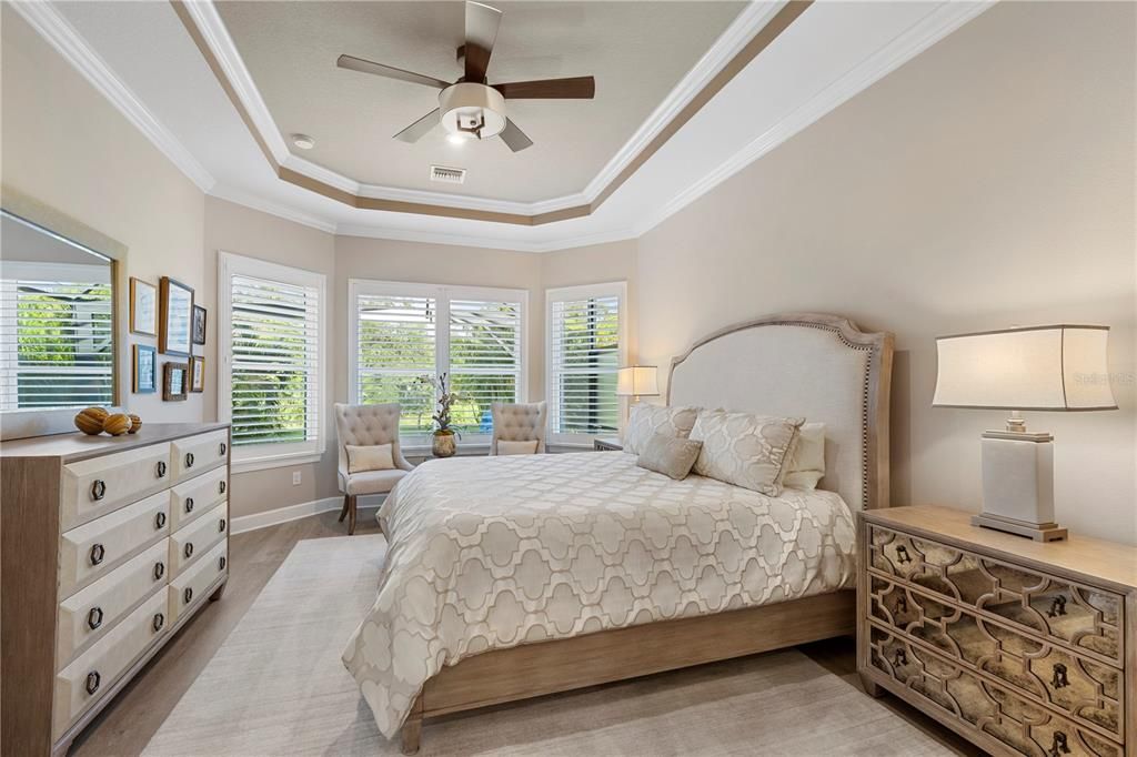 Owner's suite featuring tray ceilings and crown molding.