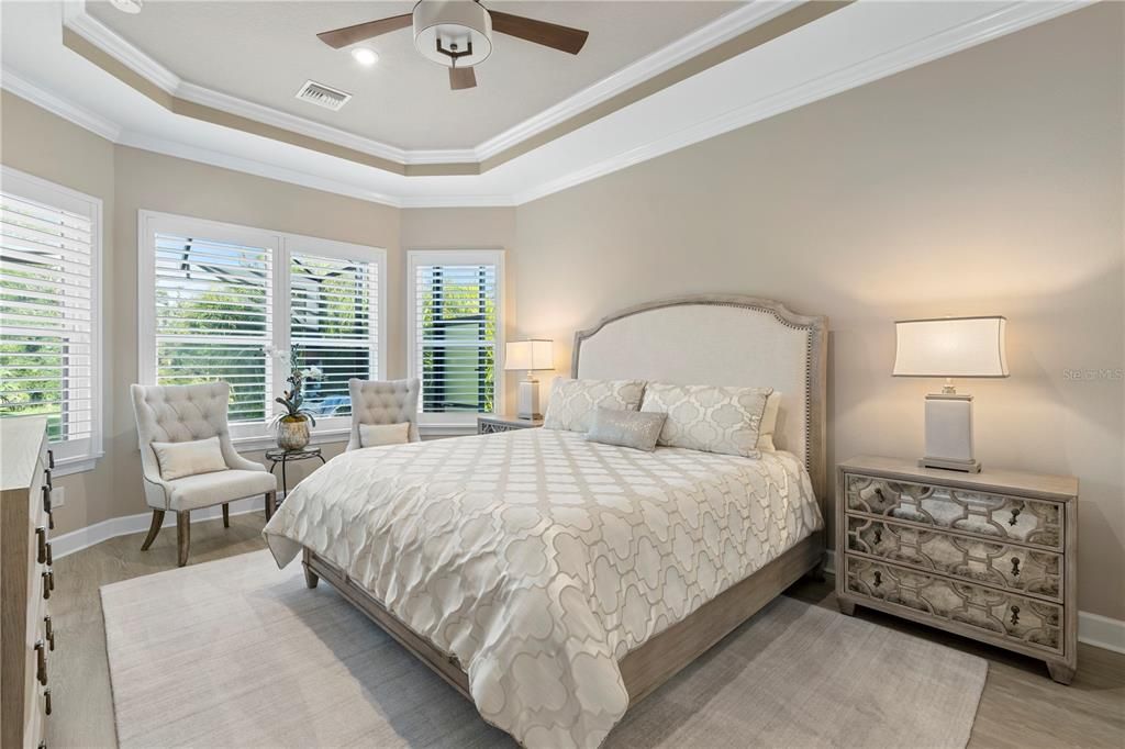 Owner's suite featuring tray ceilings and crown molding.