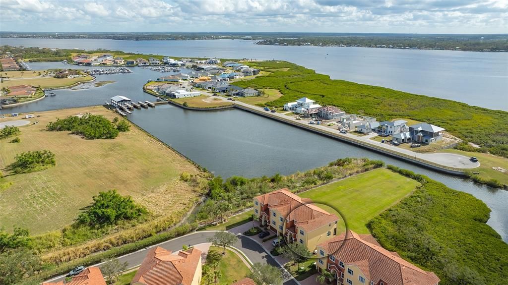 Aerial shot of townhome and Manatee River