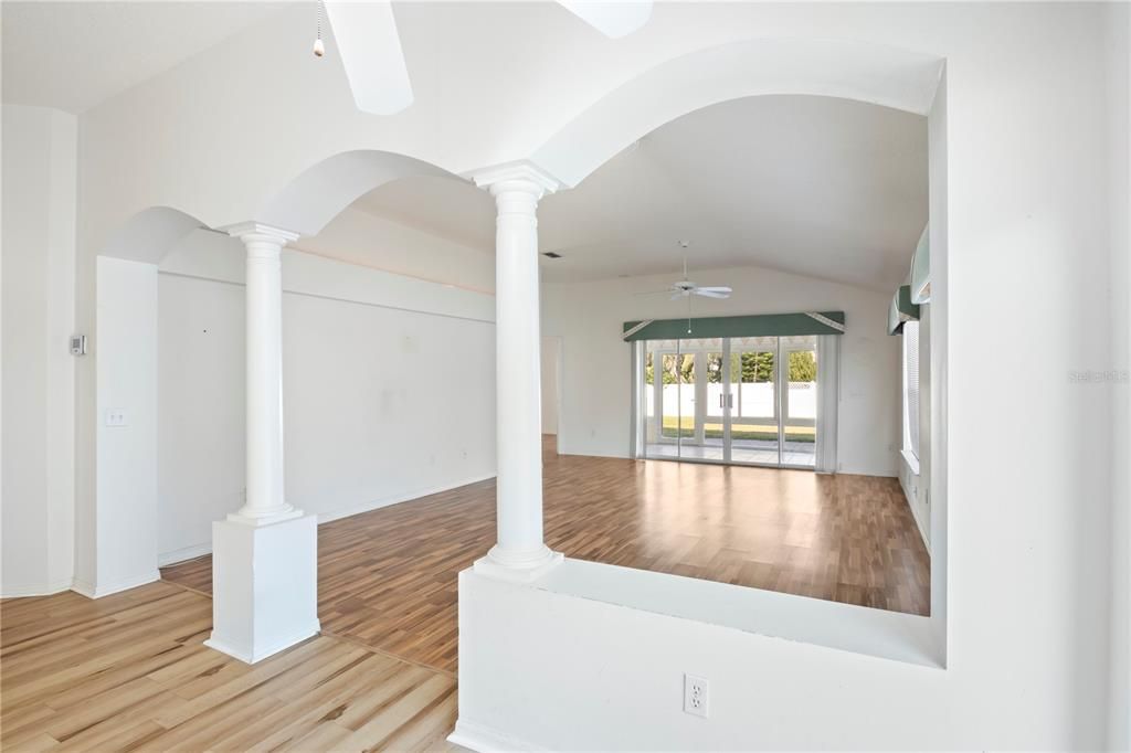 Family room view from eat in kitchen area